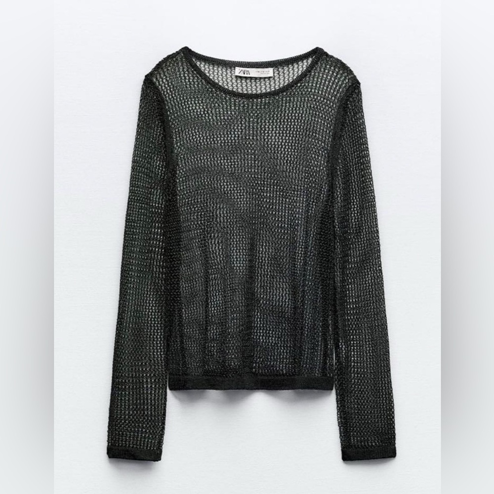 Zara Black Sheer Metallic Mesh Blouse - Picture 3 of 7